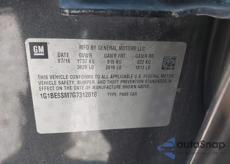 2016 Chevrolet Cruze Lt Auto z USA, uszkodzony, nr VIN 1G1BE5SM7G7312818